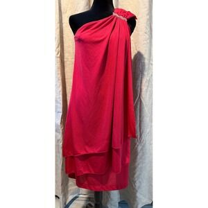 Vintage Joy Stevens Red One Shoulder Tiered Qiana‎ Nylon Cocktail Dress Sz 7/8